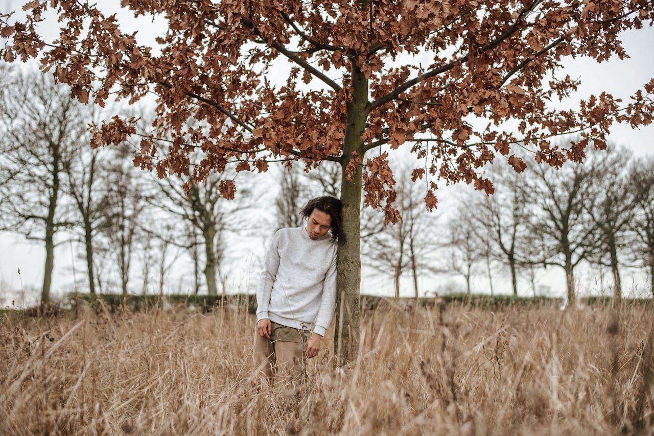 services-img A solitary man leans on a tree in an autumn field, evoking introspection.